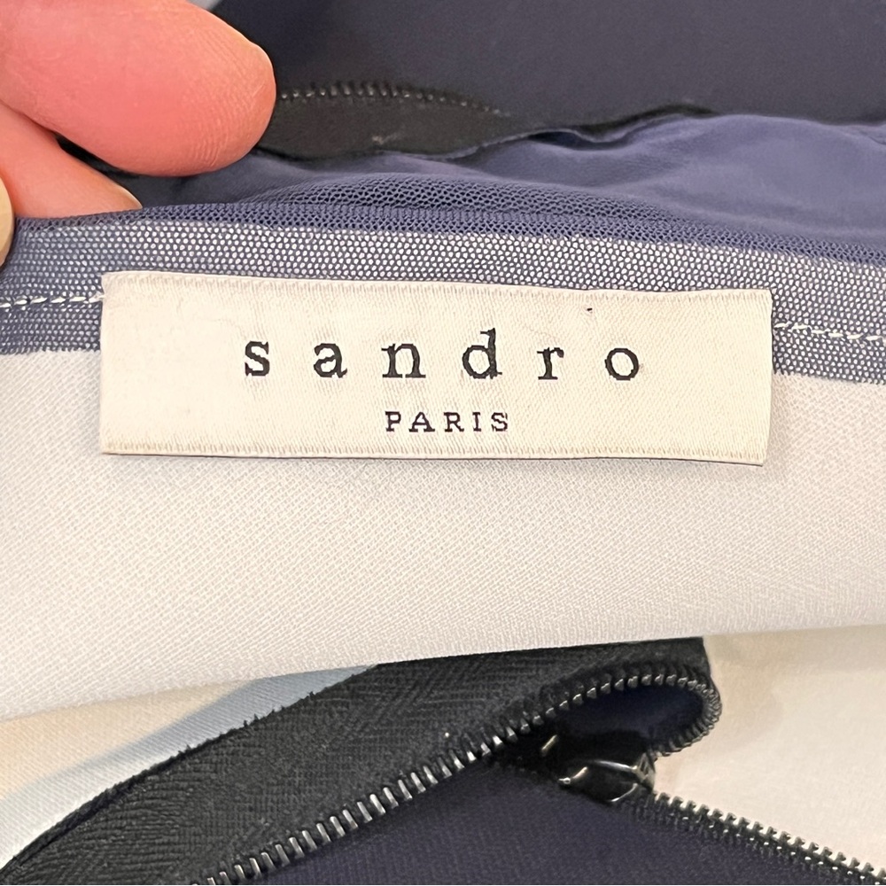 Sandro Paris Rhode Dress Asymmetrical Mesh Illusion Neckline Hemline Navy Sz 6/8 - Picture 10 of 13